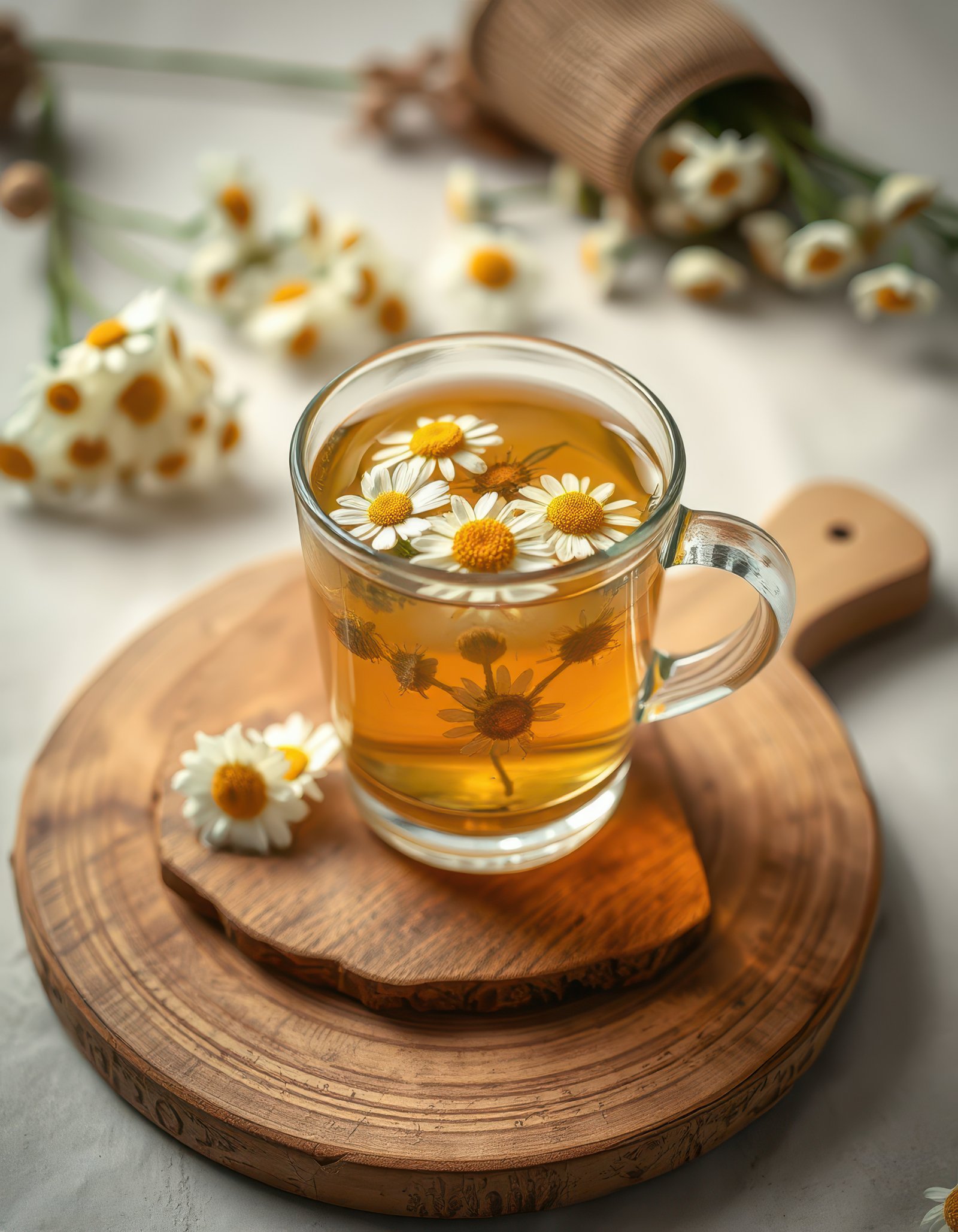 Refreshing chamomile tea with flowers on a wooden serving board during a calm afternoon